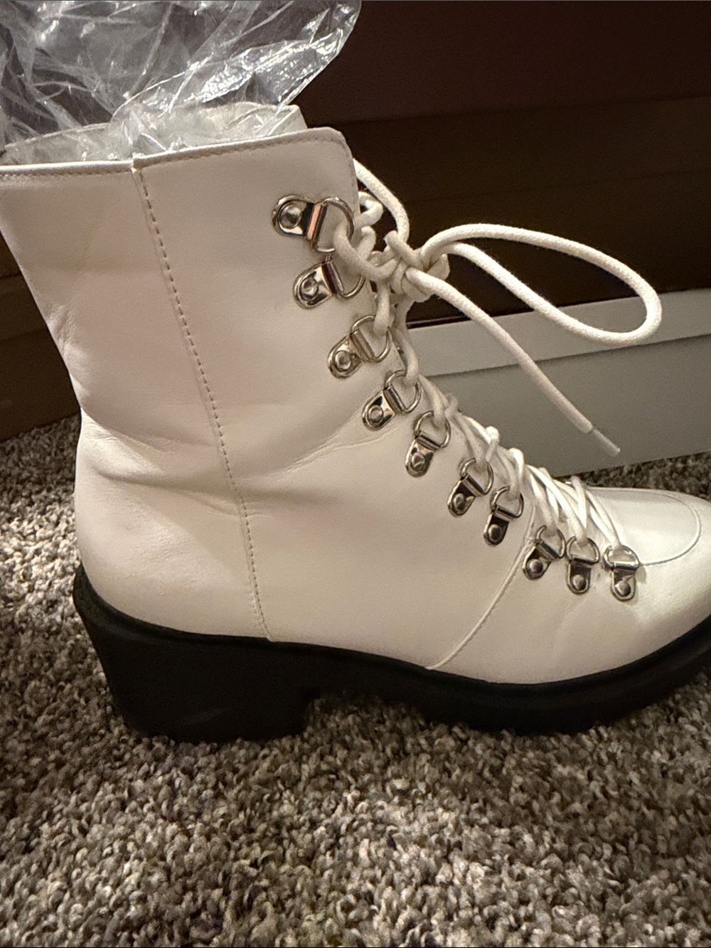 Women's White Lace-Up Ankle Boots with Chunky Black Heel